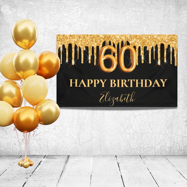 60th birthday black gold glitter balloon style banner (Creator Uploaded)