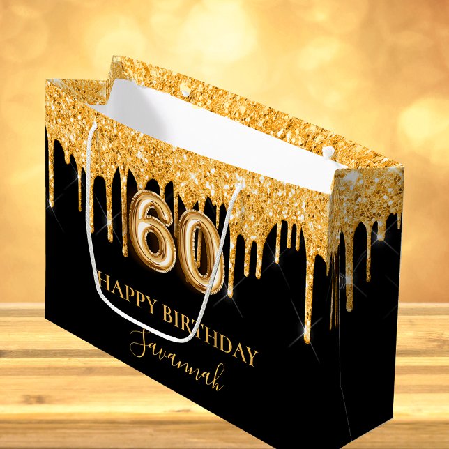 60th birthday black gold glitter drips name large gift bag (Creator Uploaded)