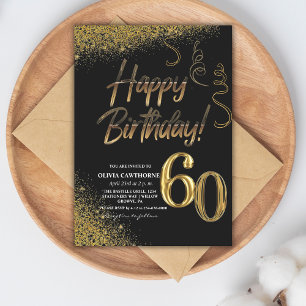 60th Birthday Black & Gold Glitter Modern   Invitation