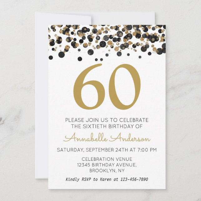 60th Birthday Black Gold Glitter Sparkle Confetti Invitation (Front)