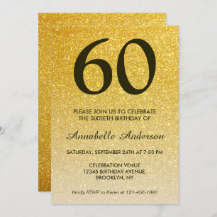 60th Birthday Black Gold Glitter Sparkle Ombre Invitation