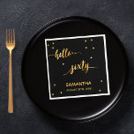 60th birthday black gold hello 60 name script napkin<br><div class="desc">Elegant and modern for a 60th birthday party.  Black backdrop and faux gold text written with a trendy hand-lettered style script: hello sixty. With golden dots as decor.  Templates for a name and date.</div>