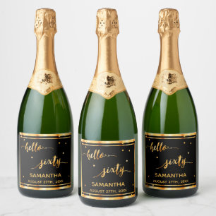 60th birthday black gold hello 60 name script sparkling wine label