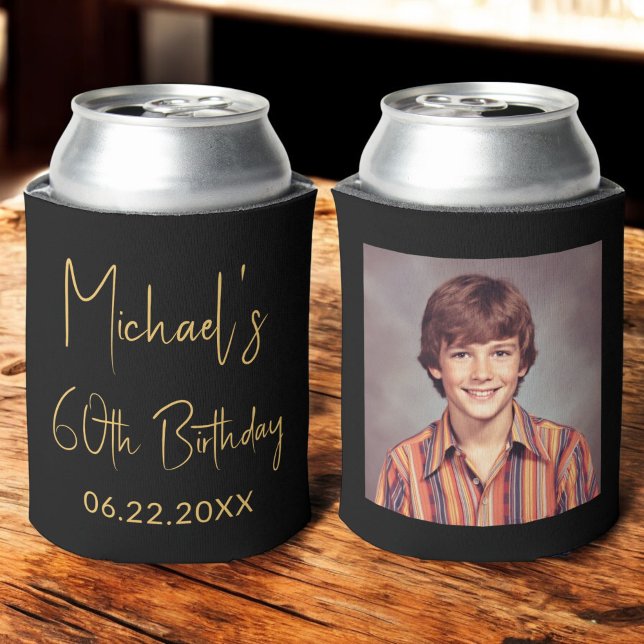 60th Birthday Black Gold Instagram Photo Can Cooler (Creator Uploaded)