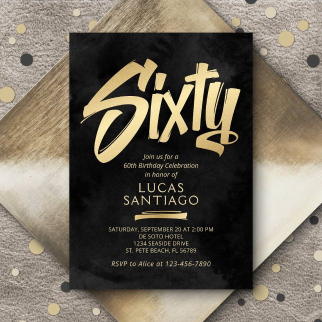 60th Birthday Black Gold Invitation (Creator Uploaded)