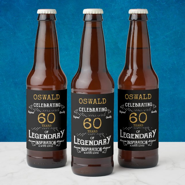 60th Birthday Black Gold  Legendary Funny Beer Bottle Label (A personalized elegant 60th birthday beer bottle label)