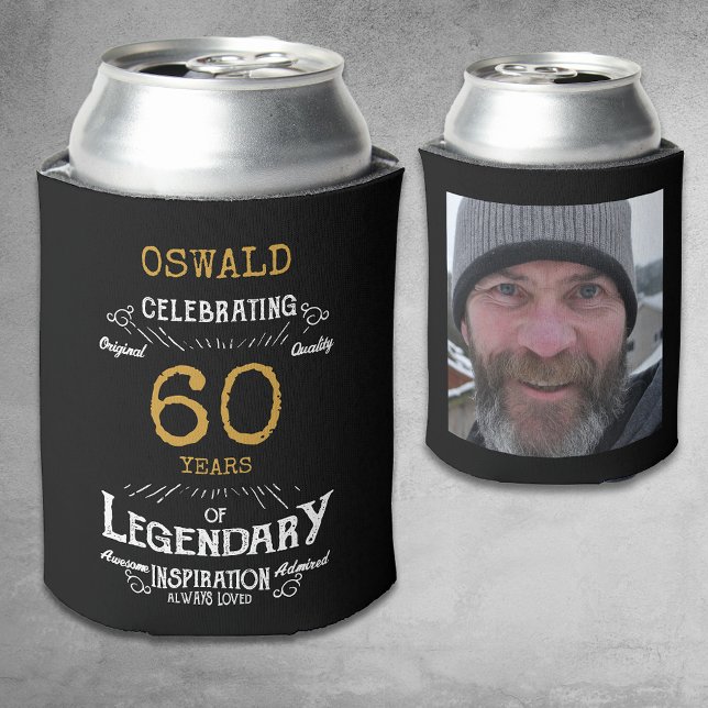60th Birthday Black Gold  Legendary Photo Can Cooler (A personalized elegant 60th birthday can cooler that is easy to customize)