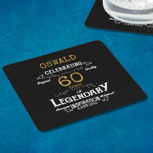 60th Birthday Black Gold  Legendary Retro Square Paper Coaster (A personalized elegant 60th birthday paper coaster)