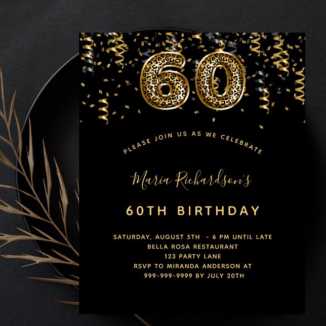 60th birthday black gold leopard budget invitation flyer (Creator Uploaded)
