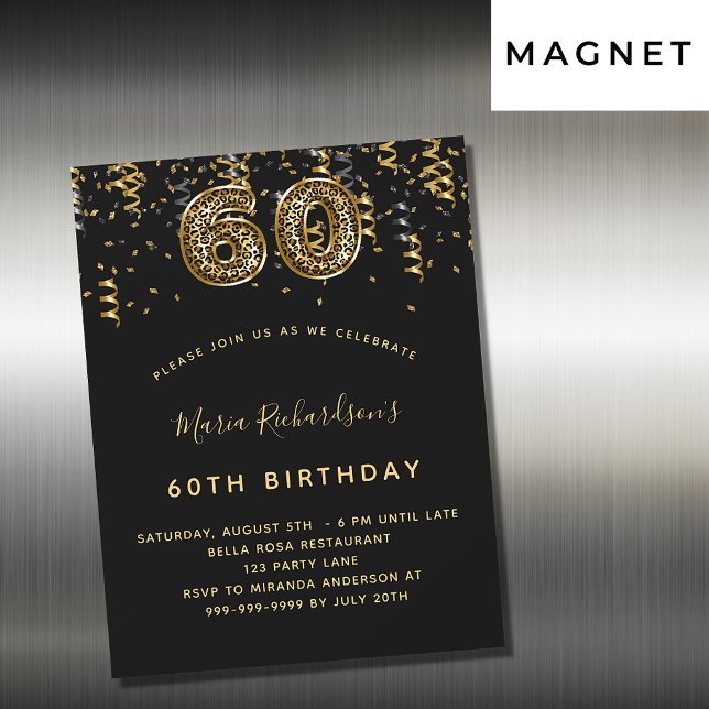 60th birthday black gold leopard pattern luxury magnetic invitation (Creator Uploaded)
