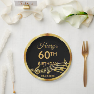 60th birthday black gold music notes men guys paper plate