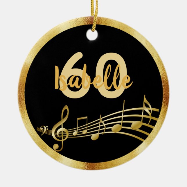 60th birthday black gold music notes name ceramic tree decoration (Front)