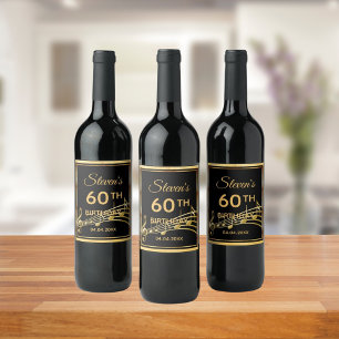 60th birthday black gold music notes wine label