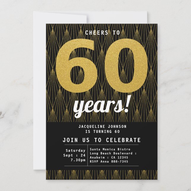 60th Birthday Black Gold Party Invitation (Front)