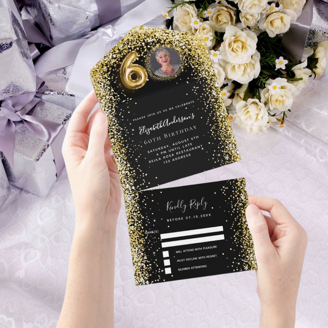 60th birthday black gold photo rsvp all in one invitation (Creator Uploaded)