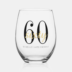 60th Birthday Black Gold Sixty 60 Party Favour Stemless Wine Glass