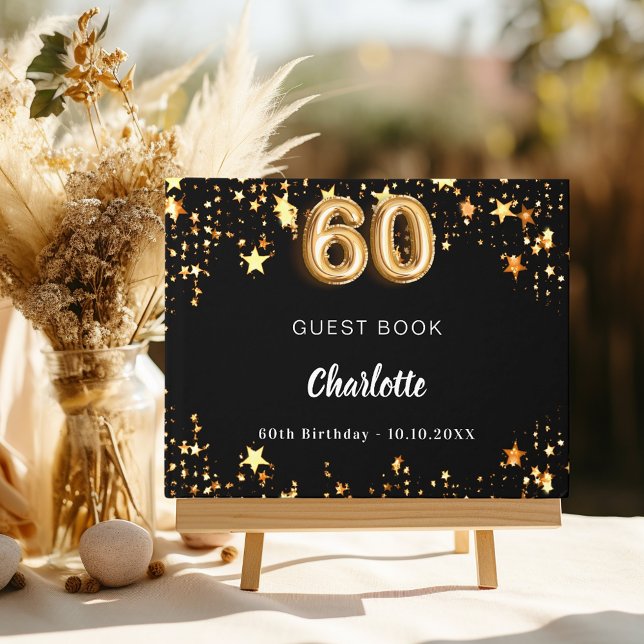 60th Birthday black gold stars Guest Book (Creator Uploaded)