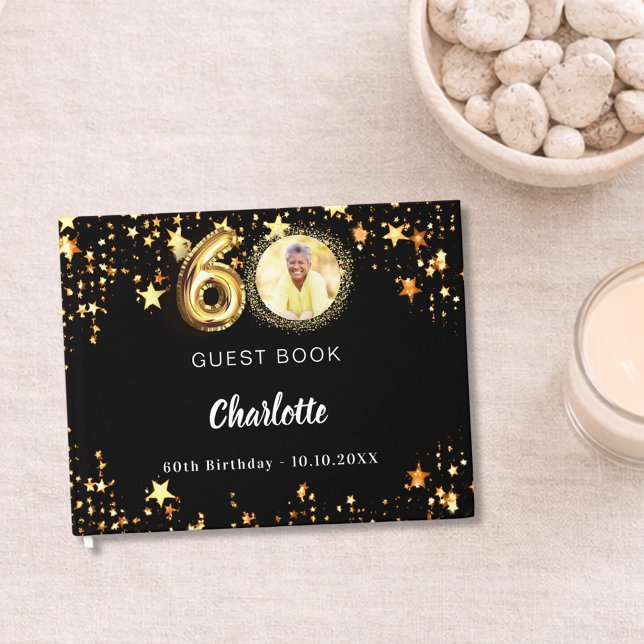 60th Birthday black gold stars photo Guest Book (Creator Uploaded)