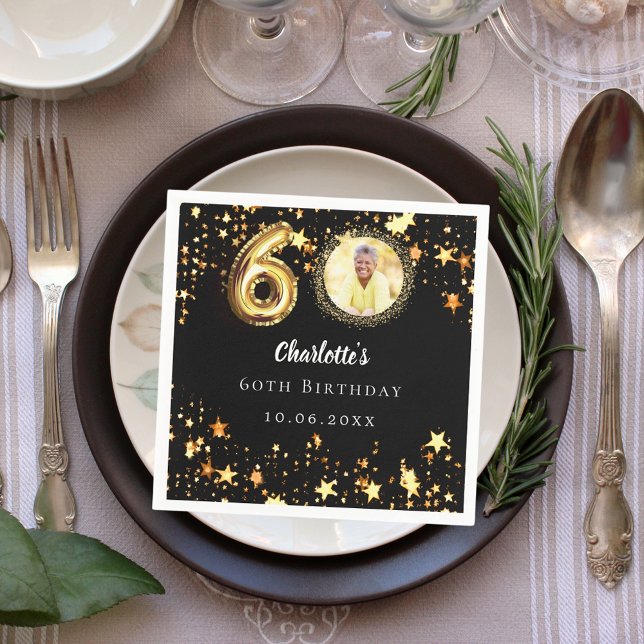 60th birthday black gold stars photo napkin (Creator Uploaded)