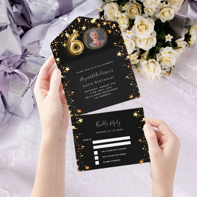 60th birthday black gold stars photo rsvp all in one invitation (Creator Uploaded)