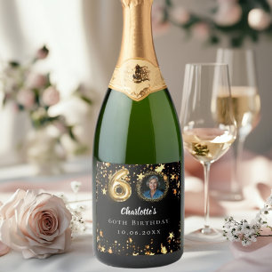 60th birthday black gold stars photo sparkling wine label