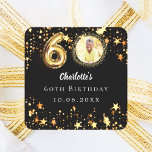 60th birthday black gold stars photo square sticker<br><div class="desc">Black background, decorated with golden stars. Personalise and add a photo, name, age, date. Celebrate in Style – 60th Birthday Black & Gold Photo stickers Add a personal touch to your milestone celebration with these elegant 60th birthday stickers. Featuring a stylish black background, gold stars, and space for your favourite...</div>