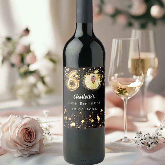 60th birthday black gold stars photo wine label (Creator Uploaded)