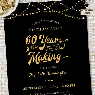 60th Birthday Black Gold String Lights Invitation