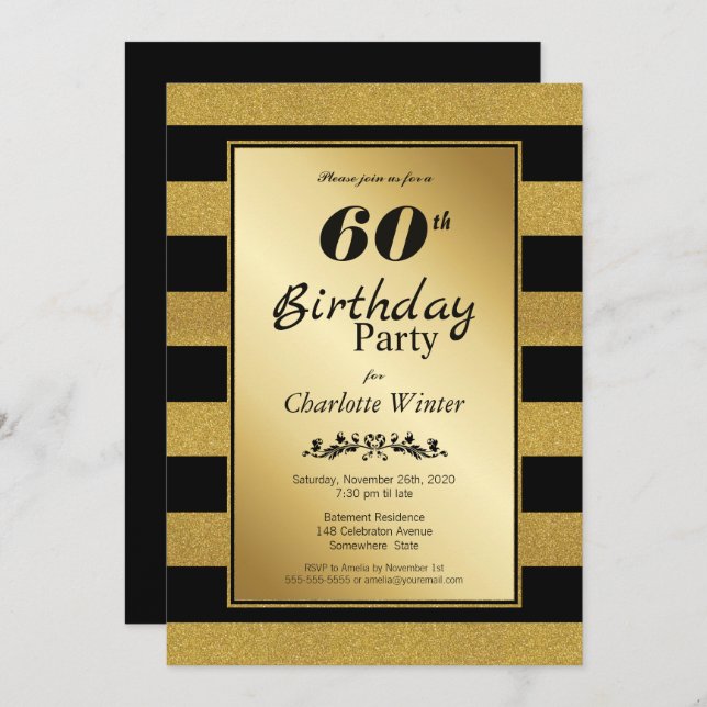 60th Birthday Black Gold Striped Party Invitation (Front/Back)