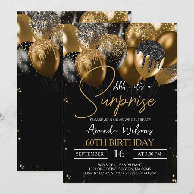 60th Birthday Black Gold Surprise Party Invitation (Front/Back)