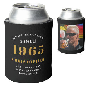 60th Birthday Black Gold With Name & Photo Can Cooler
