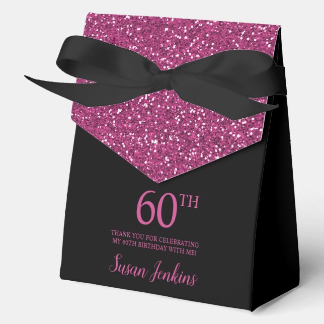 60th Birthday Black Hot Pink Glitter Thank You Favour Box (Front)