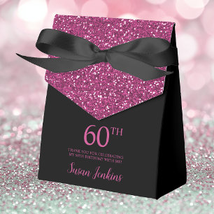 60th Birthday Black Hot Pink Glitter Thank You Favour Box