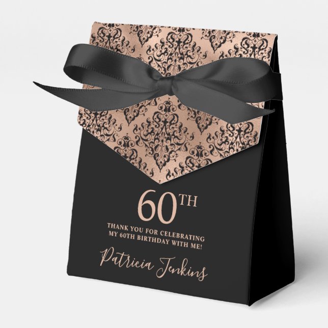 60th Birthday Black Rose Gold Damask Thank You Favour Box (Front Side)