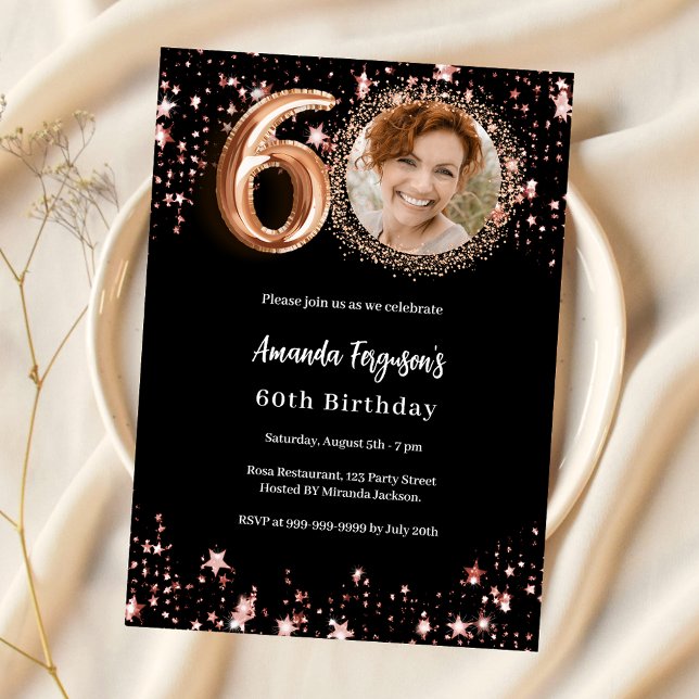 60th Birthday black rose gold photo stars Invitation (Creator Uploaded)