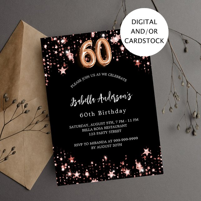 60th birthday black rose gold stars invitation (Creator Uploaded)