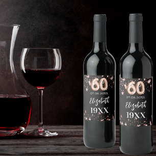 60th Birthday black rose gold stars Wine Label
