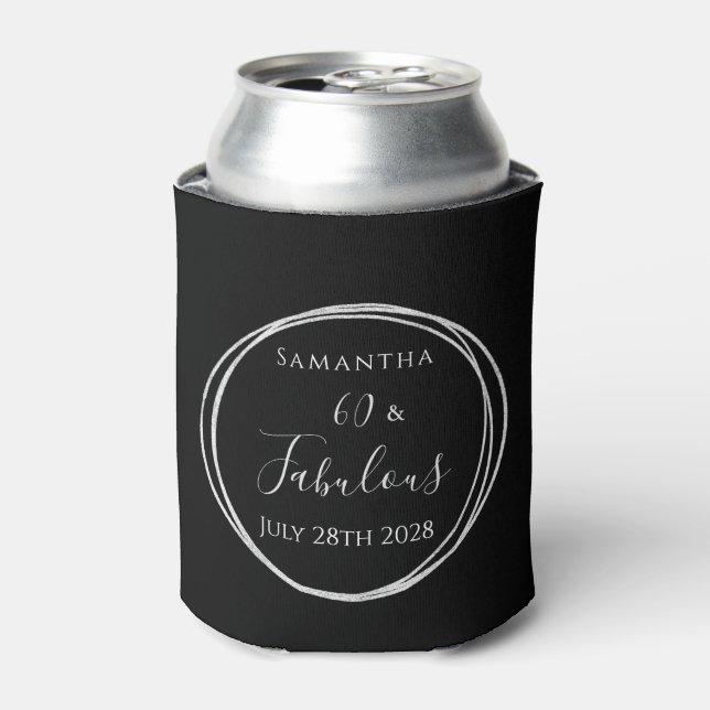 60th Birthday Black Silver Personalised Party Can Cooler (Can Front)
