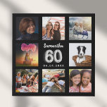 60th birthday black silver photo collage faux canvas print<br><div class="desc">A unique gift for a 60th birthday, celebrating her life with a collage of 8 of your own photos, pictures. Personalise and add her name and a date. A chic black background. The name is written with a modern hand lettered style script, number 60 with a faux silver balloon style...</div>
