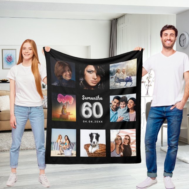 60th birthday black silver photo collage name fleece blanket (Creator Uploaded)