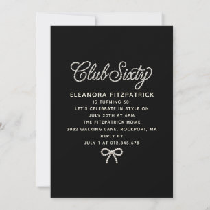 60th Birthday Black White Pearl Script Bow Invitation