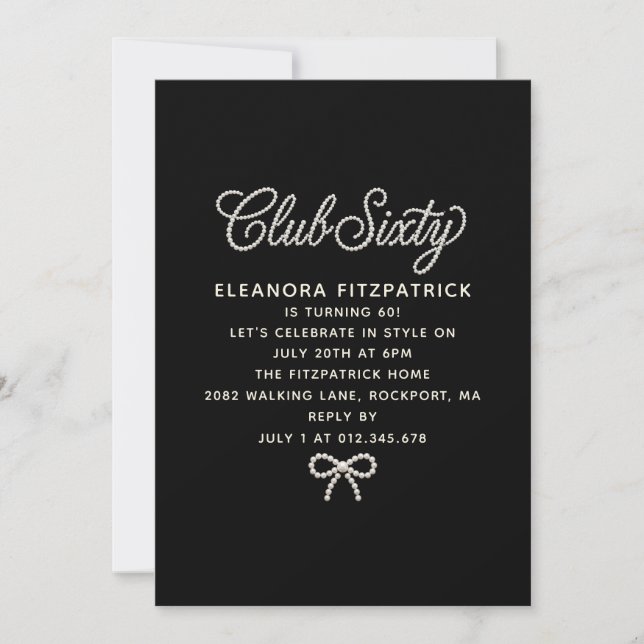 60th Birthday Black White Pearl Script Bow Invitation (Front)