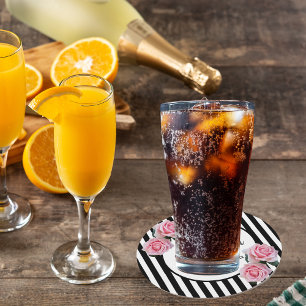 60th birthday black white stripes pink floral  round paper coaster