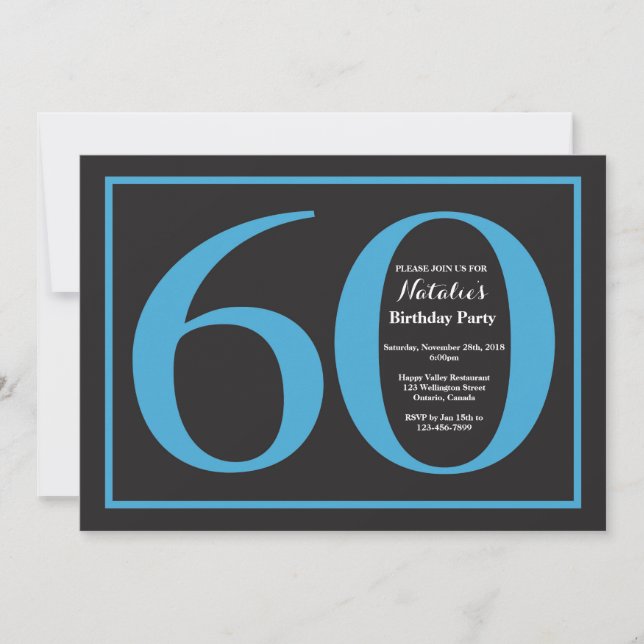 60th Birthday Blue and Black Chalkboard Invitation (Front)