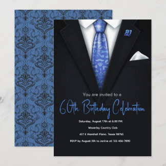 60th Birthday Blue and black Tuxedo invitation