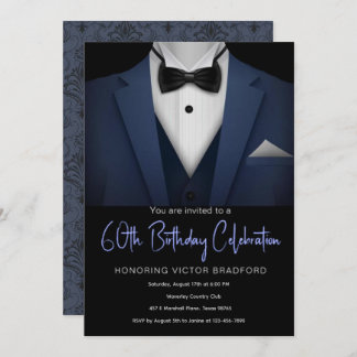 60th Birthday Blue and black Tuxedo invitation
