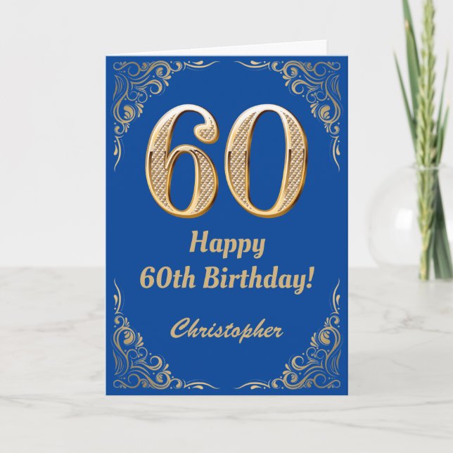 60th Birthday Blue and Gold Glitter Frame Card (Front)