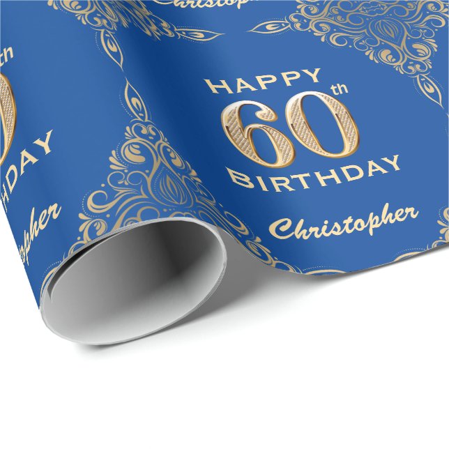 60th Birthday Blue and Gold Glitter Frame Wrapping Paper (Roll Corner)