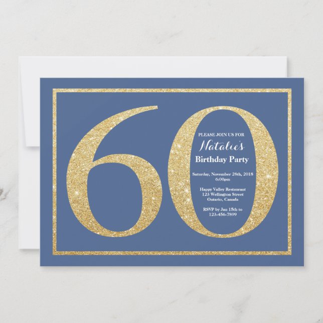 60th Birthday Blue and Gold Glitter Invitation (Front)