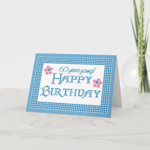 60th Birthday, Blue Check Gingham Pattern Card